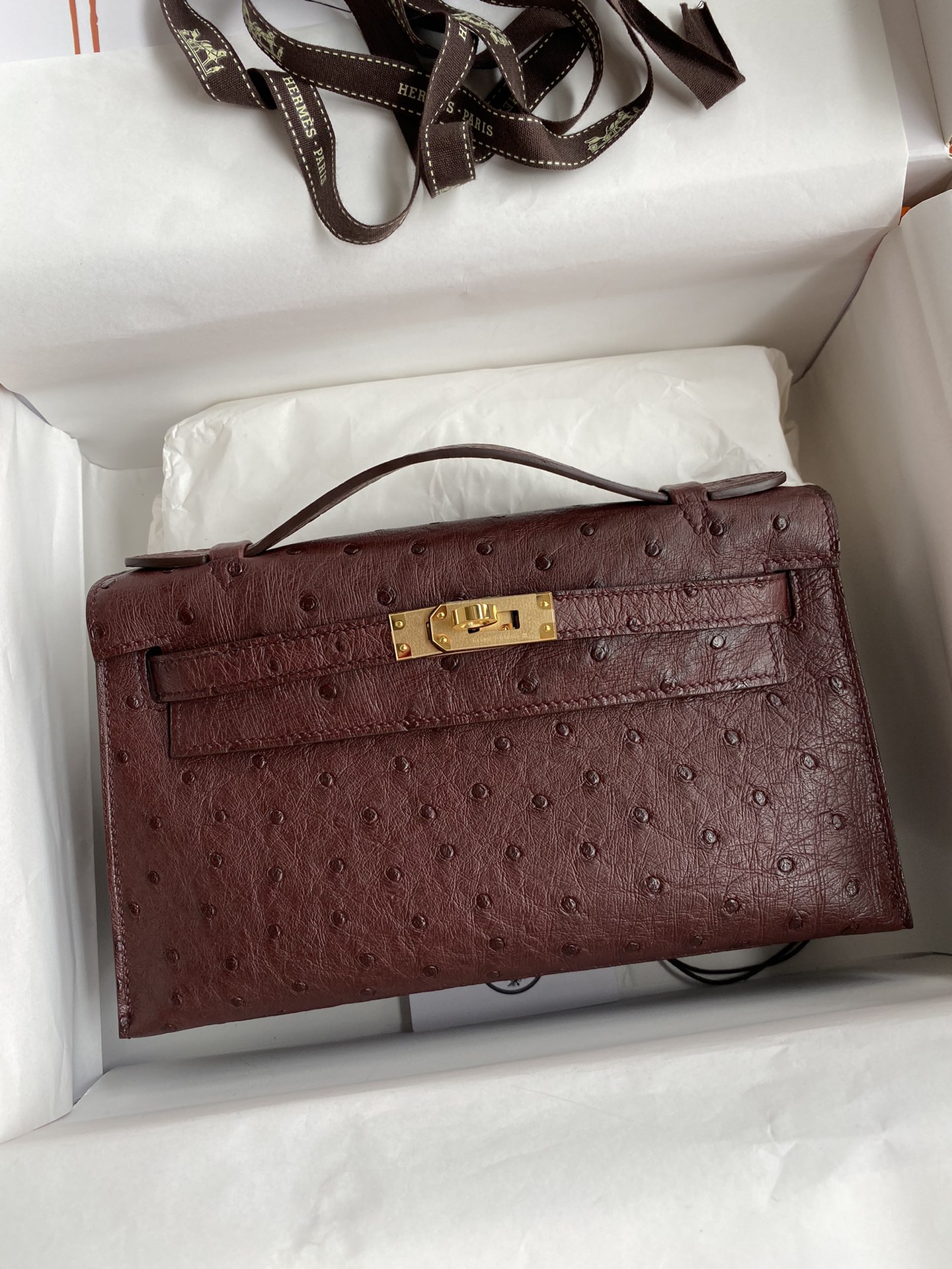 Hermes Mini Kelly Pochette 22cm Bag In Burgundy Ostrich Leather